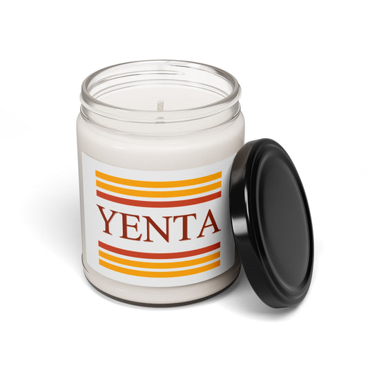 Candle in a jar with 'Yenta' label on a white background