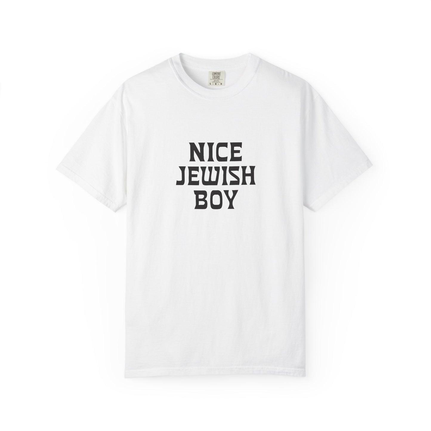 White t-shirt with 'Nice Jewish Boy' text on a white background