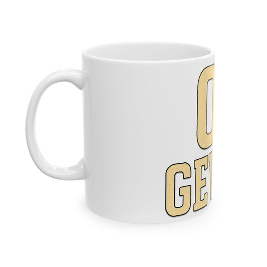 White mug with gold text on a white background