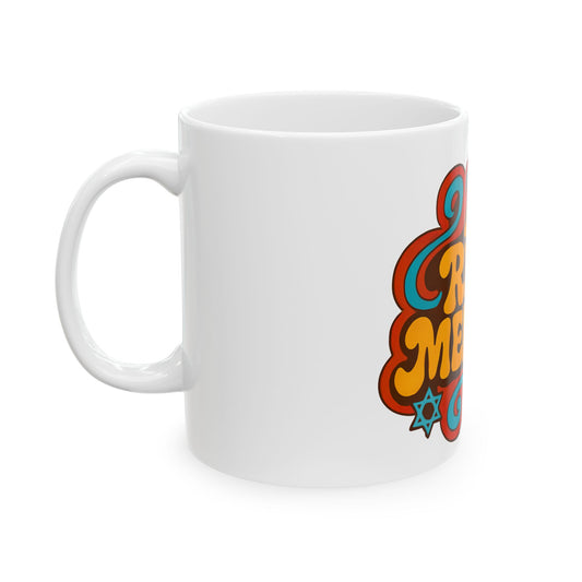 White mug with colorful design on a white background