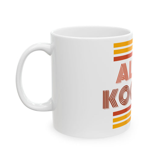 White mug with 'Alter Kocker' text and colorful stripes on a white background