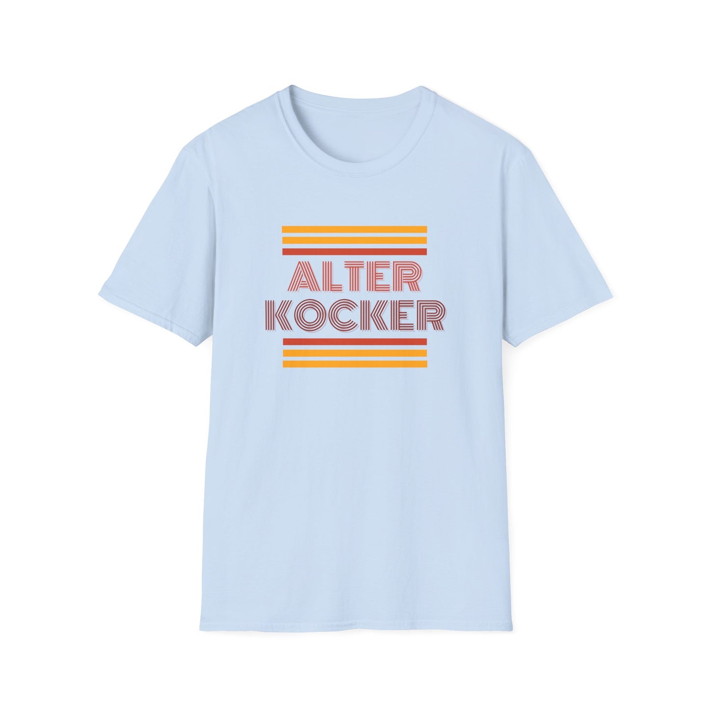 Light blue t-shirt with 'Alter Kocker' text and colorful stripes on a white background