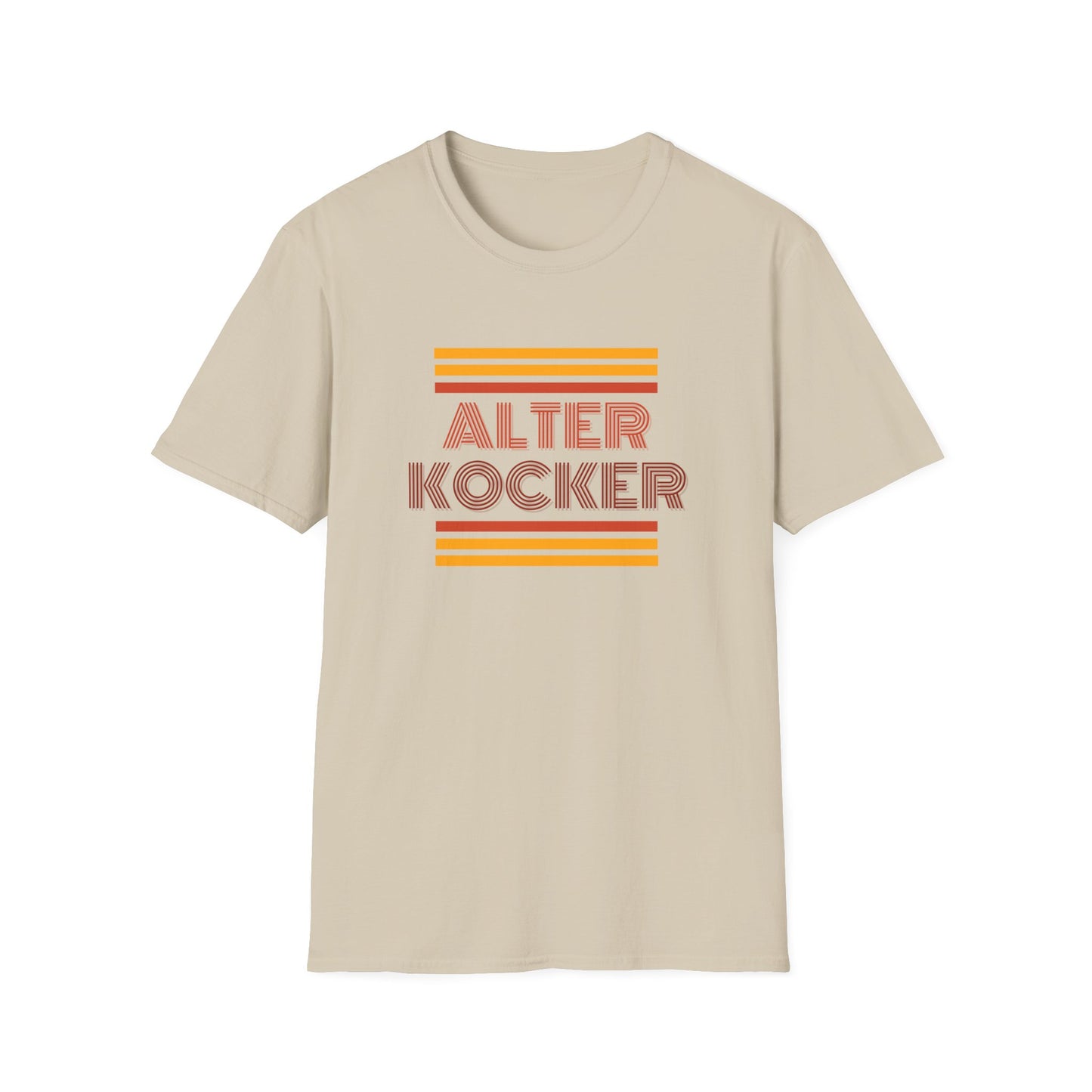 Beige t-shirt with 'Alter Kocker' text and retro-style stripes on a white background
