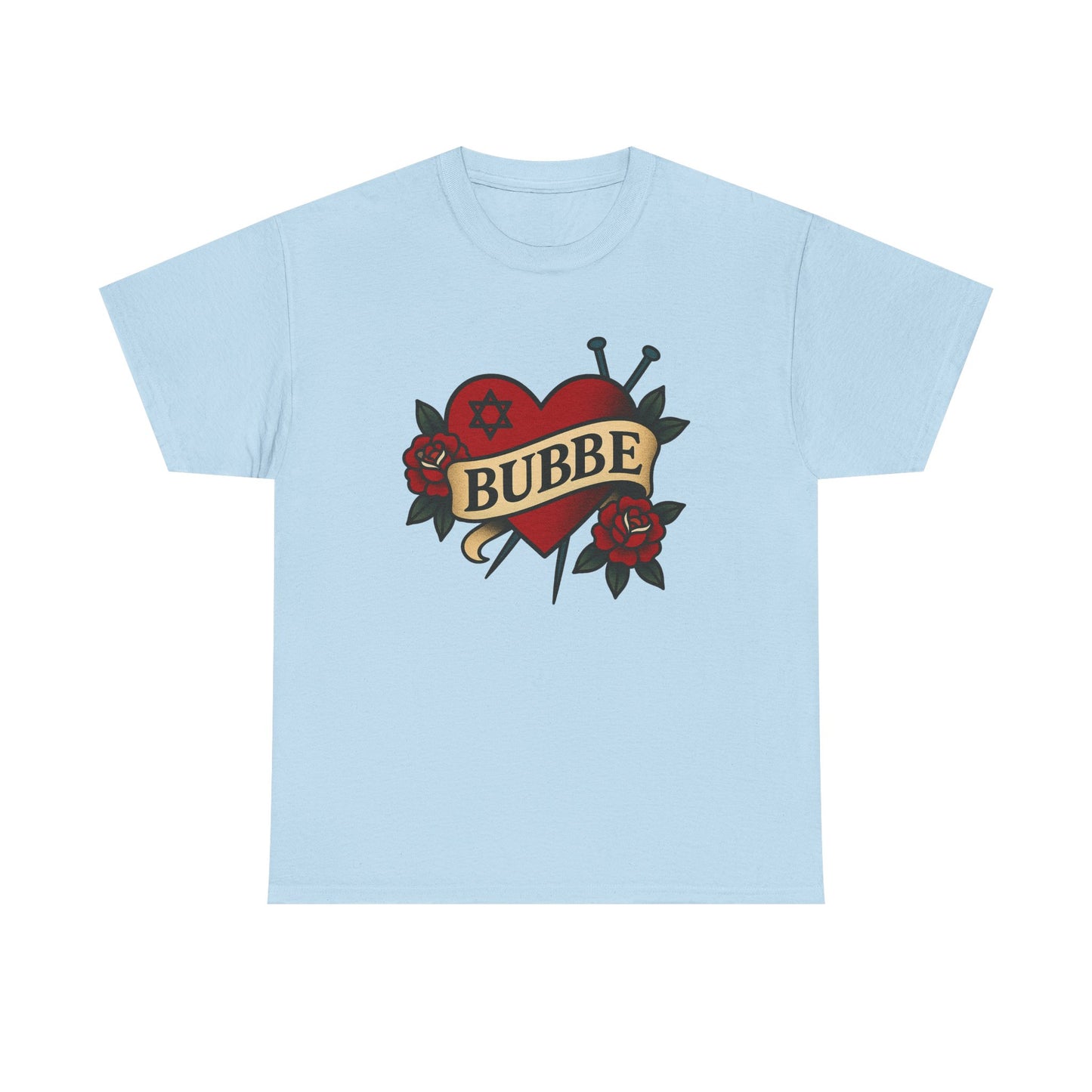 Light blue t-shirt with a heart design and 'Bubbe' text on a white background