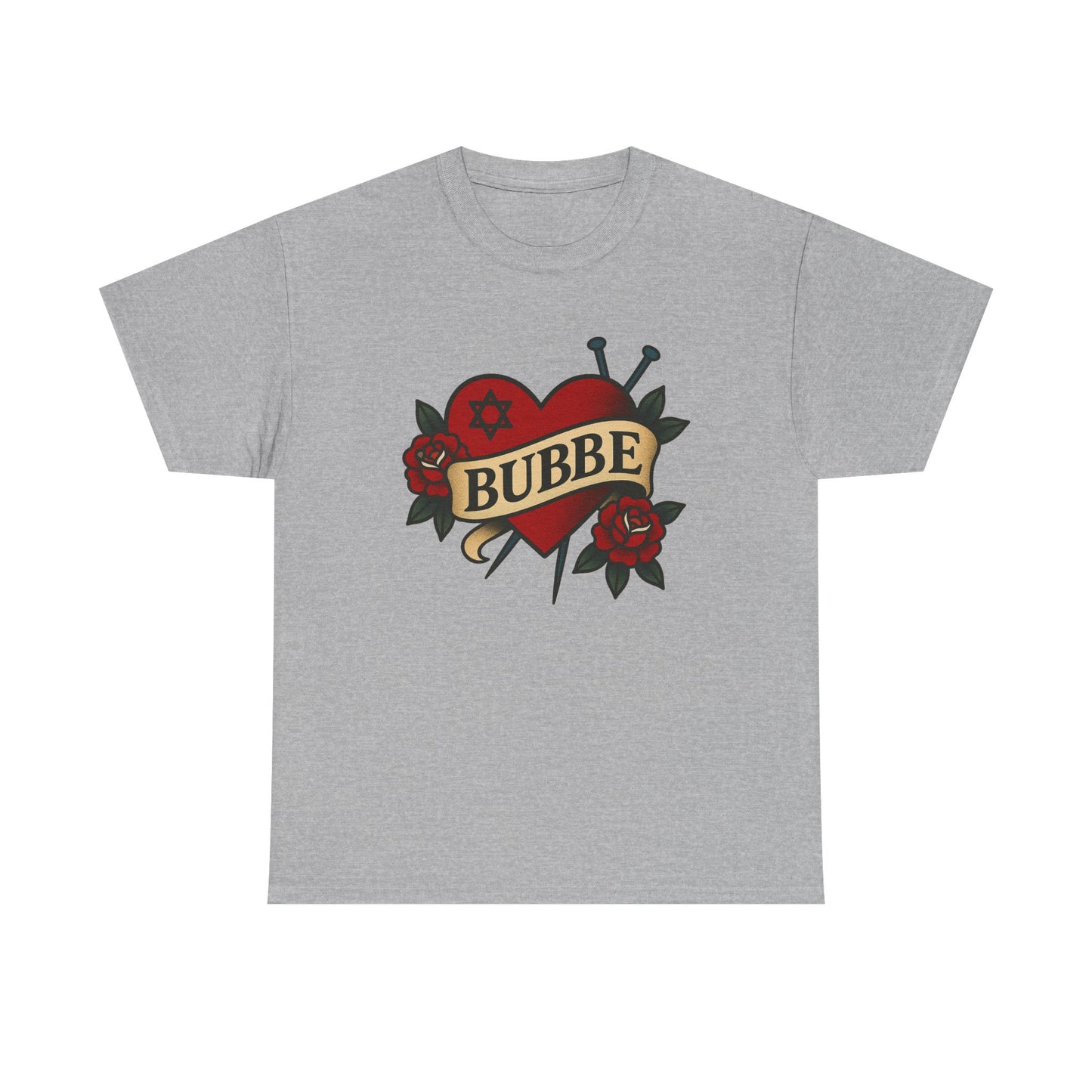 Gray t-shirt with a heart design and 'Bubbe' text on a white background