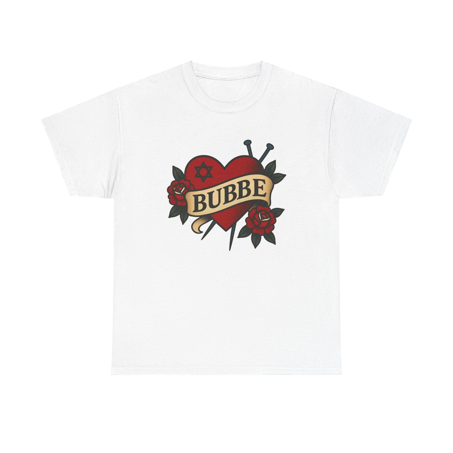 White t-shirt with a red heart design and 'Bubbe' text on a white background