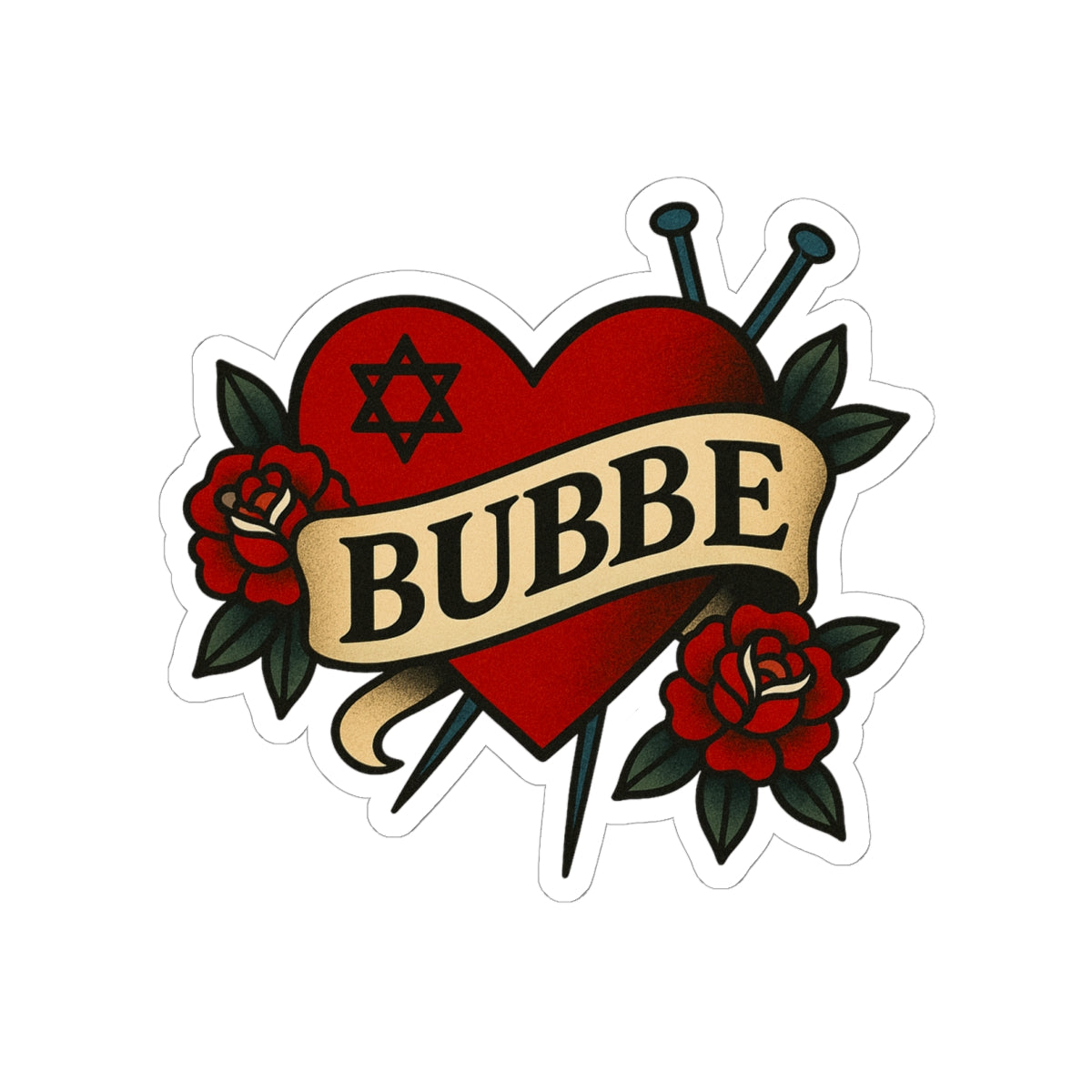 Heart-shaped tattoo design with 'Bubbe' text, roses, and a Star of David on a white background.