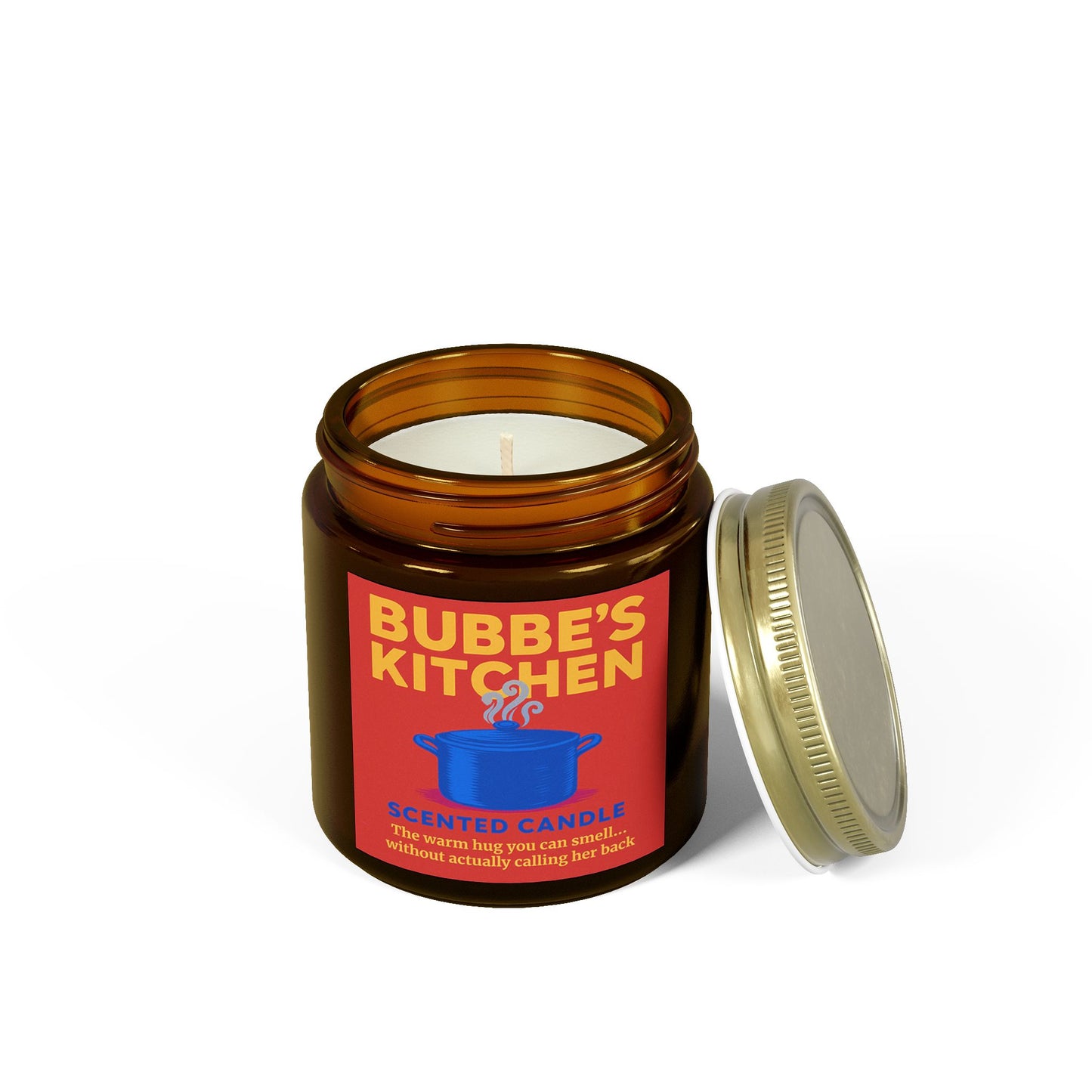 Bubbe's Kitchen scented candle with a red label on a white background