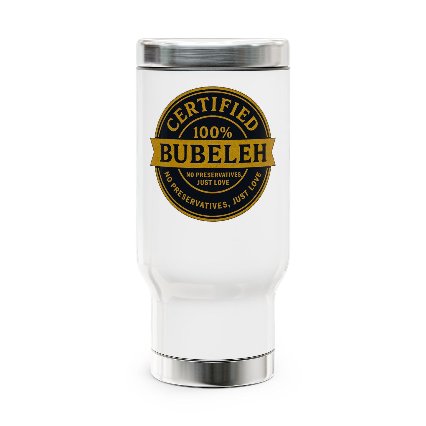 White tumbler with a gold and black 'Certified Bubeleh' design on a white background
