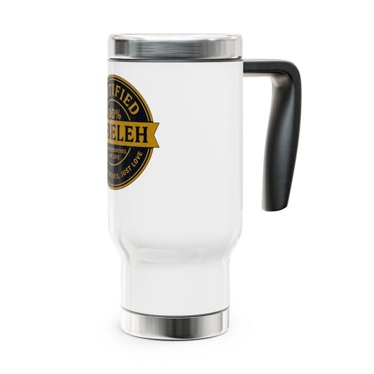 White travel mug with a black handle and gold and black label on a white background