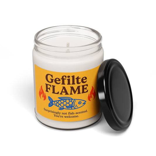 Candle jar with 'Gefilte Flame' label on a white background