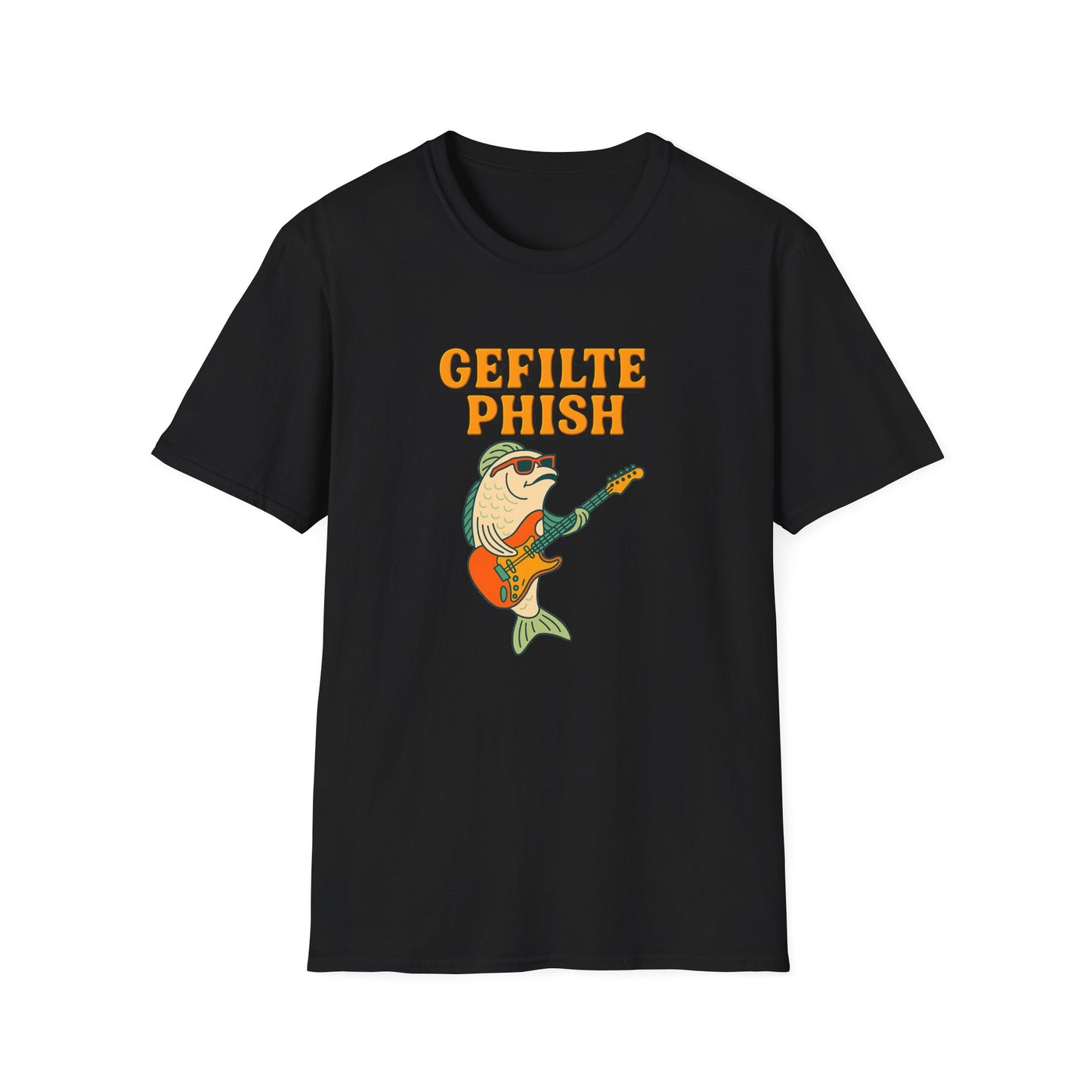 Black t-shirt with 'Gefilte Phish' graphic design on a white background
