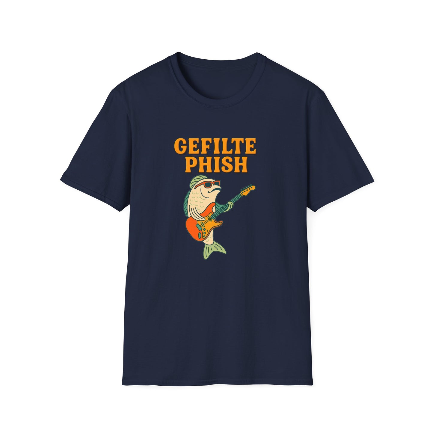 Navy blue t-shirt with 'Gefilte Phish' graphic design on a white background
