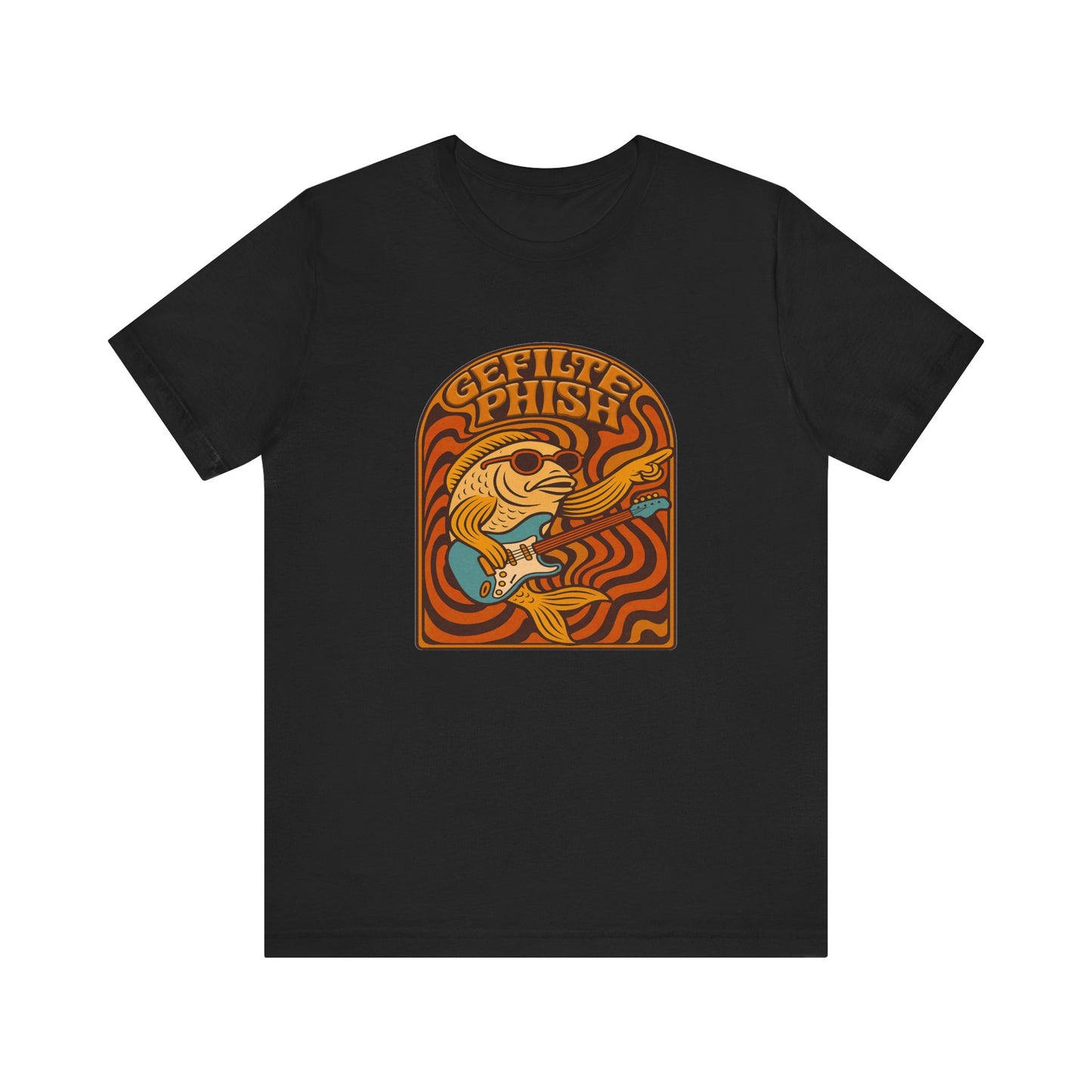 Black t-shirt with a colorful graphic design on a white background