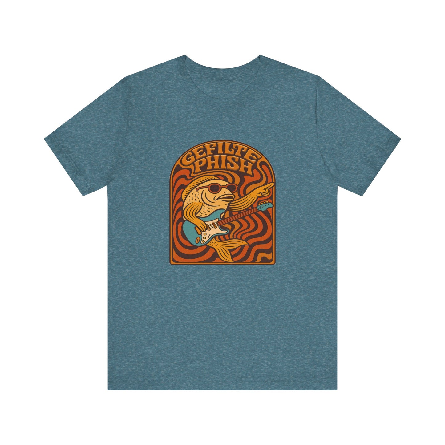 Blue t-shirt 'gefilte phish' with a graphic design on the back featuring text and a fish illustration.