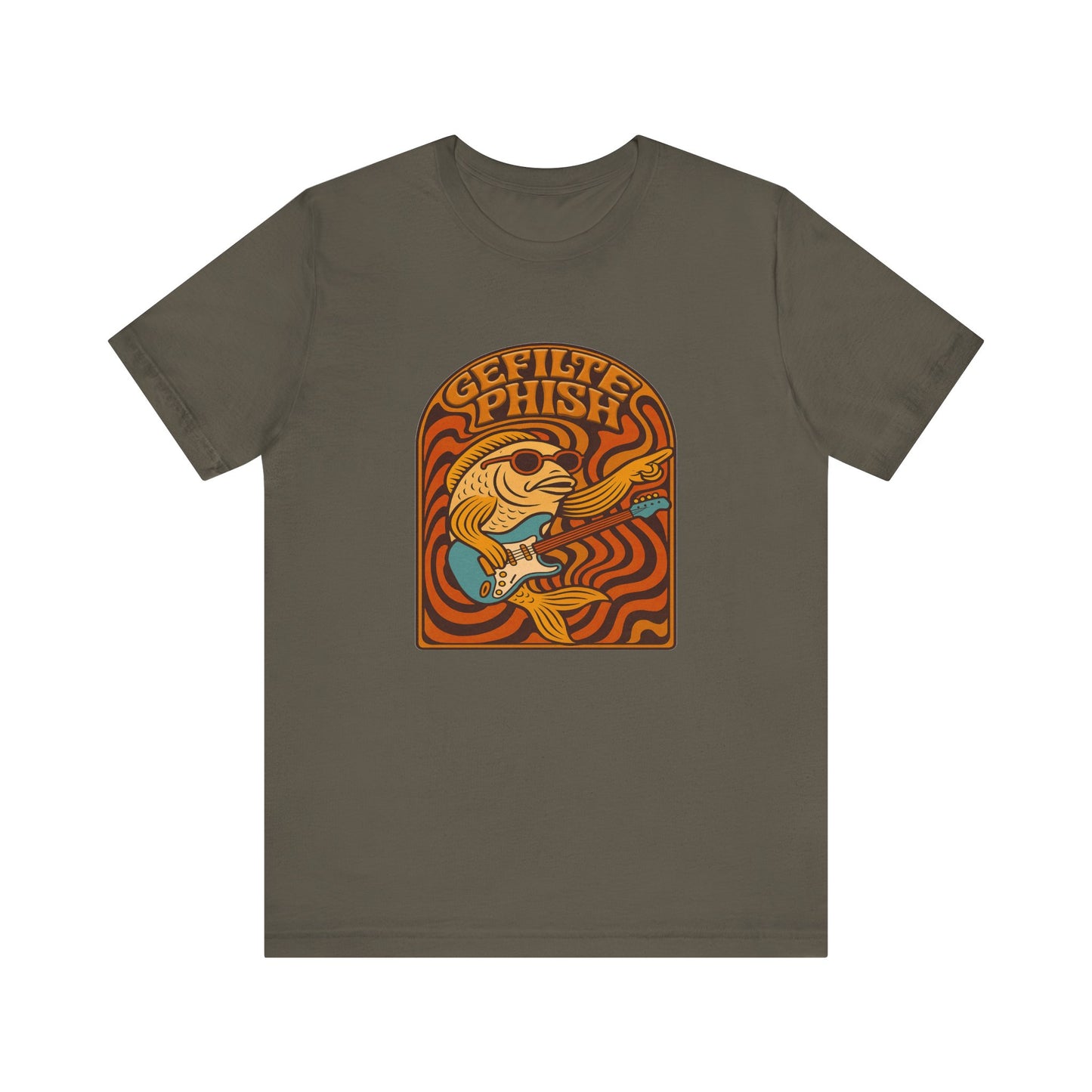 Brown t-shirt with a graphic design on a white background