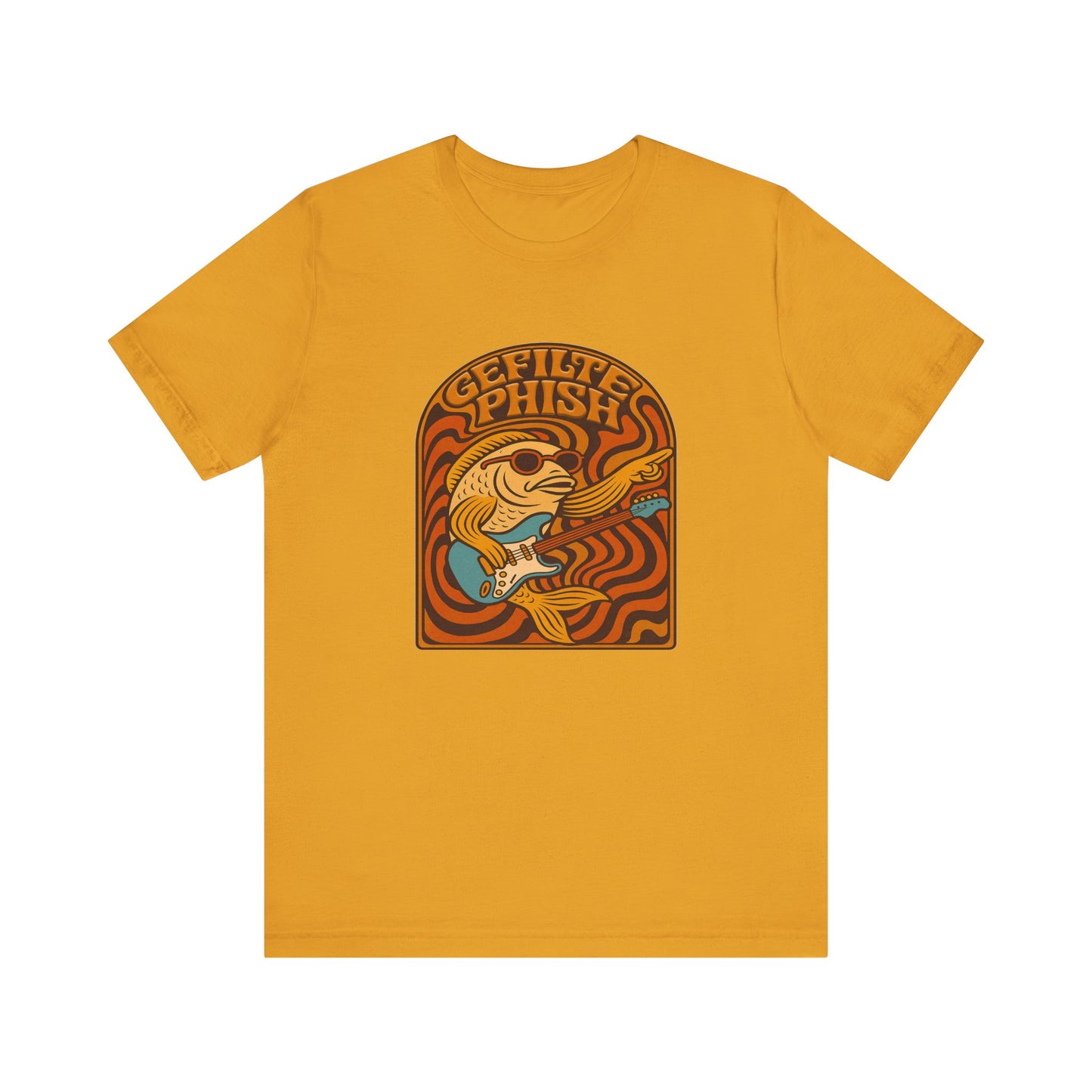 Yellow t-shirt with a graphic design and text on a white background