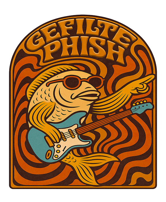 Illustration of a fish playing a guitar with 'Gefilte Phish' text on a wavy background