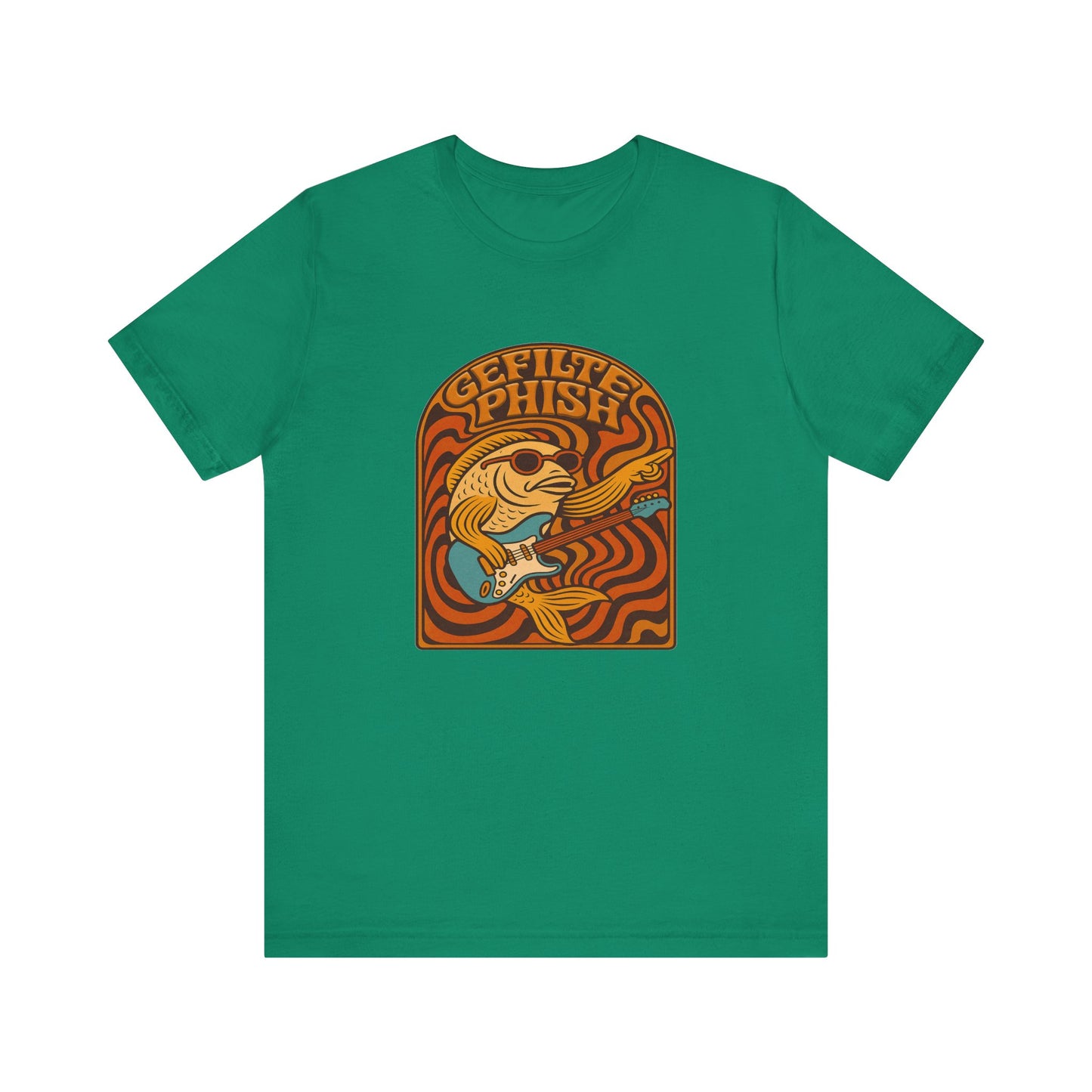 Green t-shirt with a 'gefilte phish' graphic design on a white background