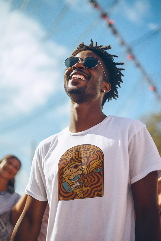Man wearing sunglasses and a white t-shirt with a graphic design, standing outdoors.