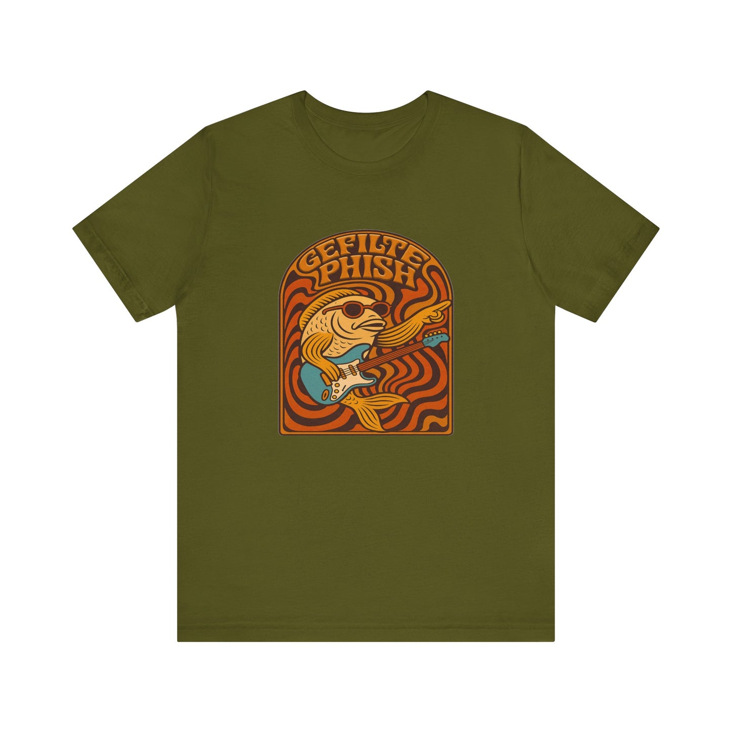 Green t-shirt with a 'gefilte phish' graphic design featuring a fish and text on a white background