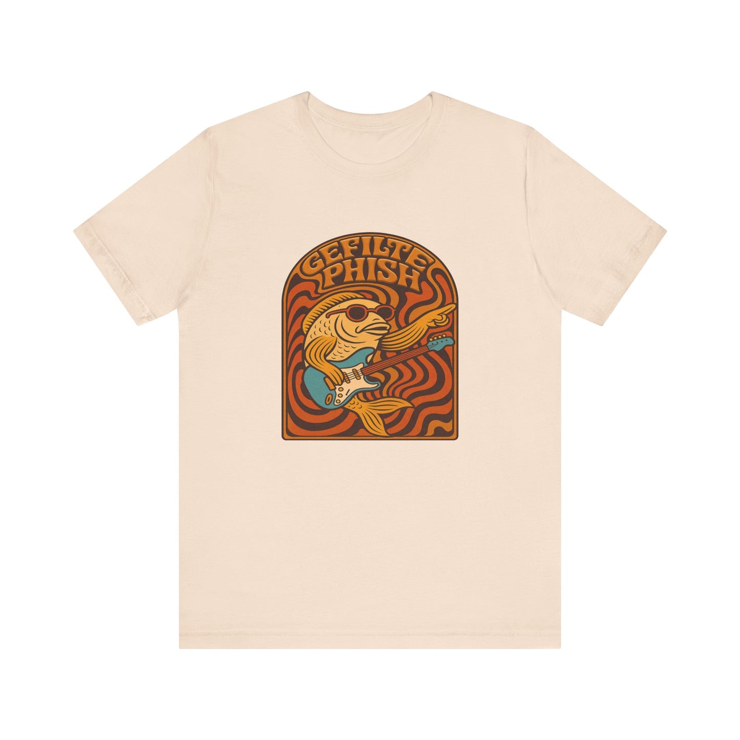 Beige t-shirt with a graphic design featuring a fish and text on a white background
