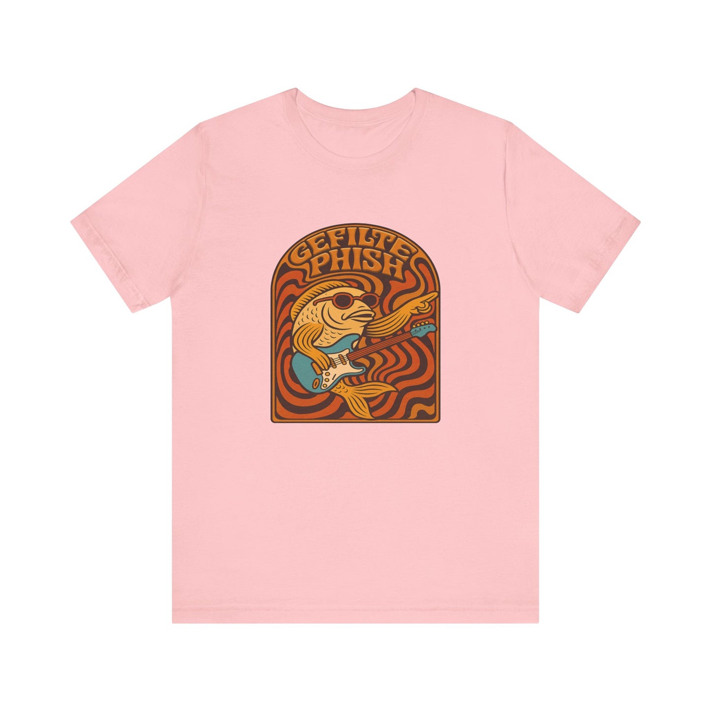 Pink t-shirt with a 'gefilte phish' graphic design on a white background