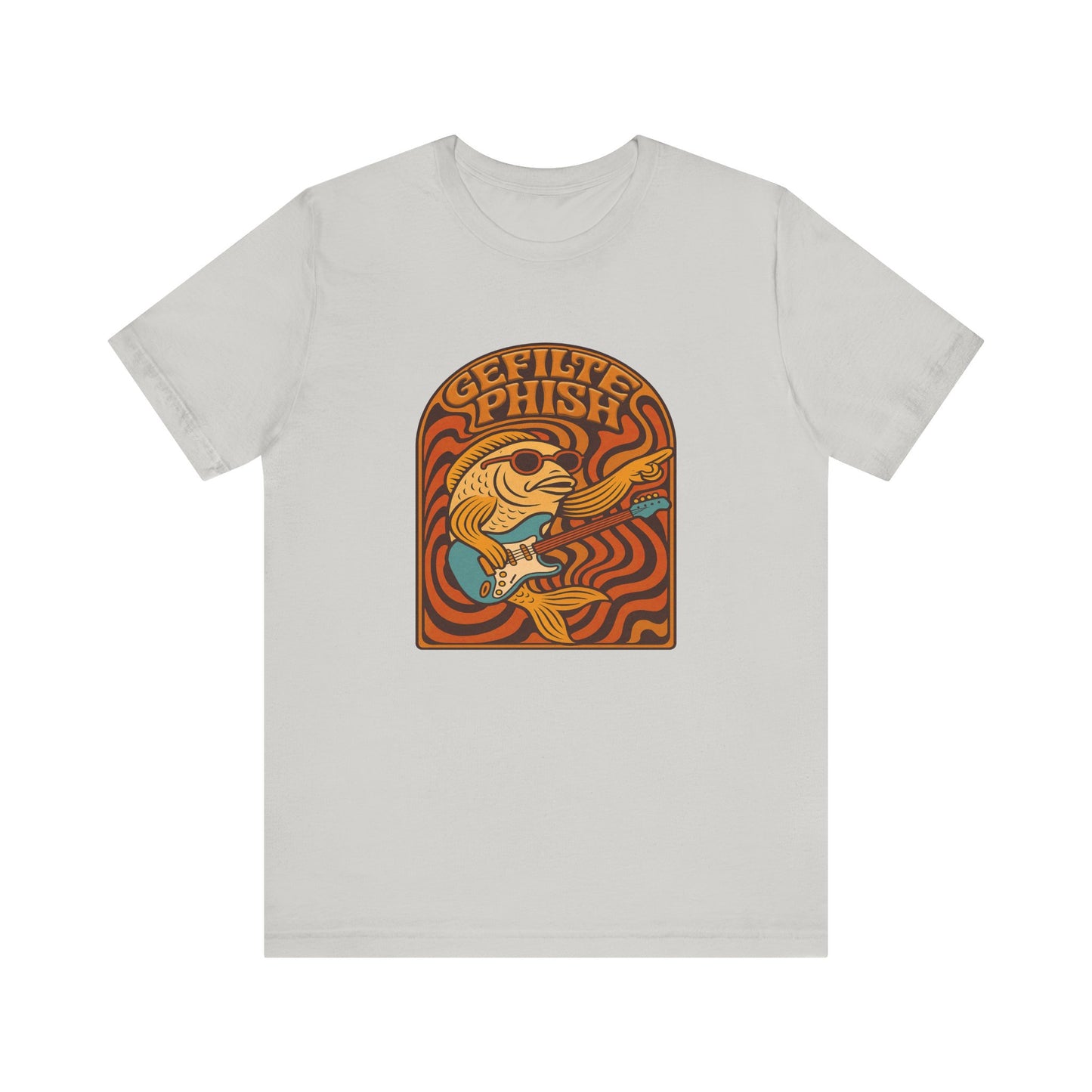 White t-shirt with a colorful graphic design on a white background