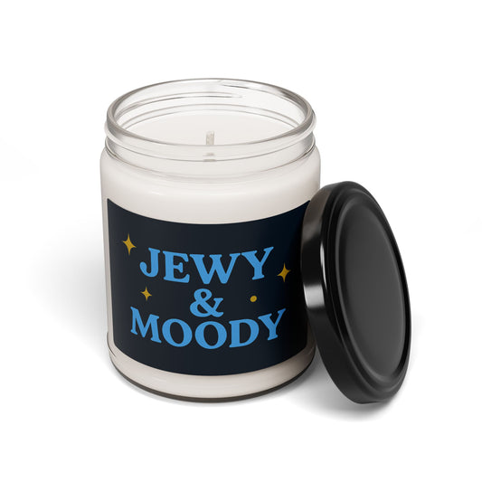 Candle jar with 'Jewy & Moody' text on a white background