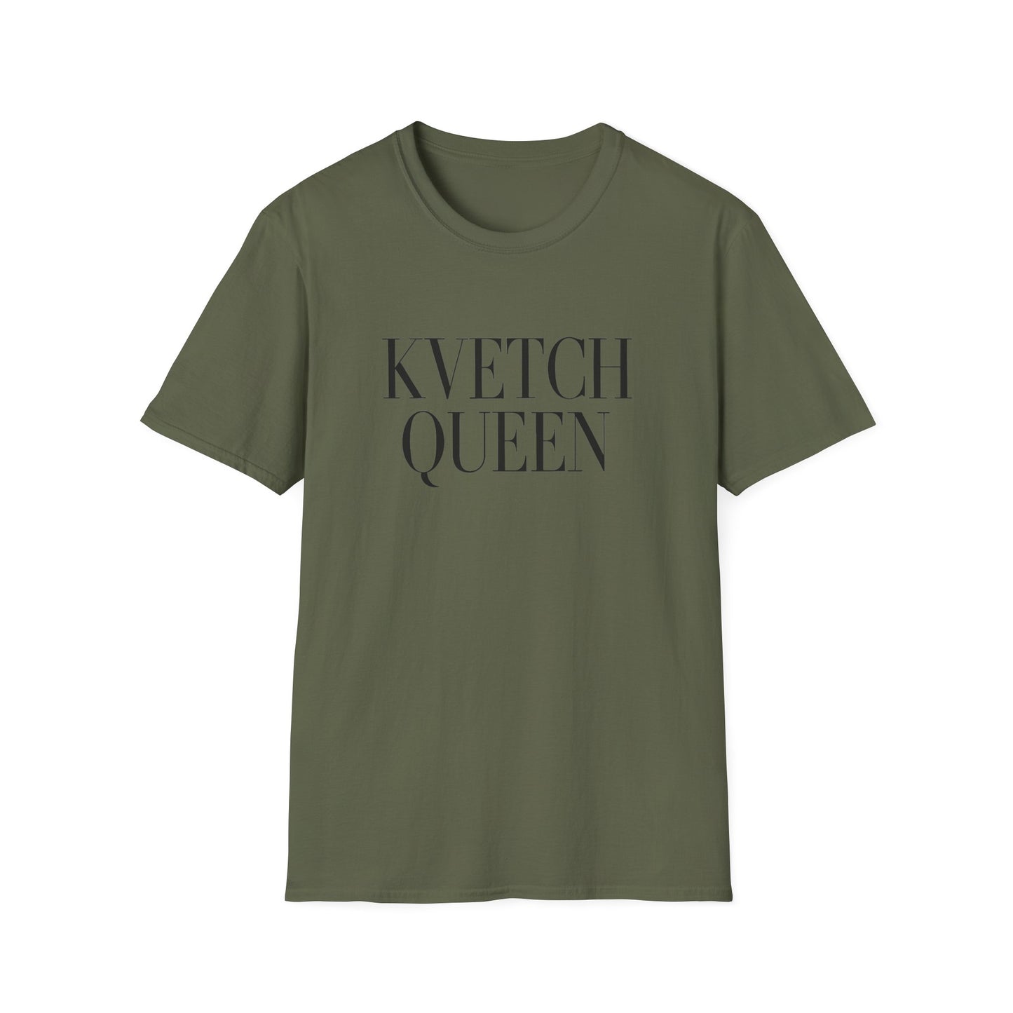 Green t-shirt with 'KVETCH QUEEN' text on a white background