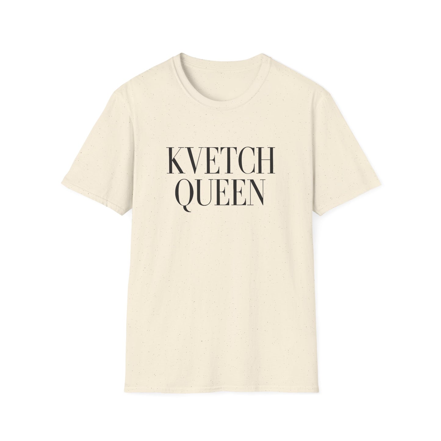 Beige t-shirt with 'KVETCH QUEEN' text on a white background