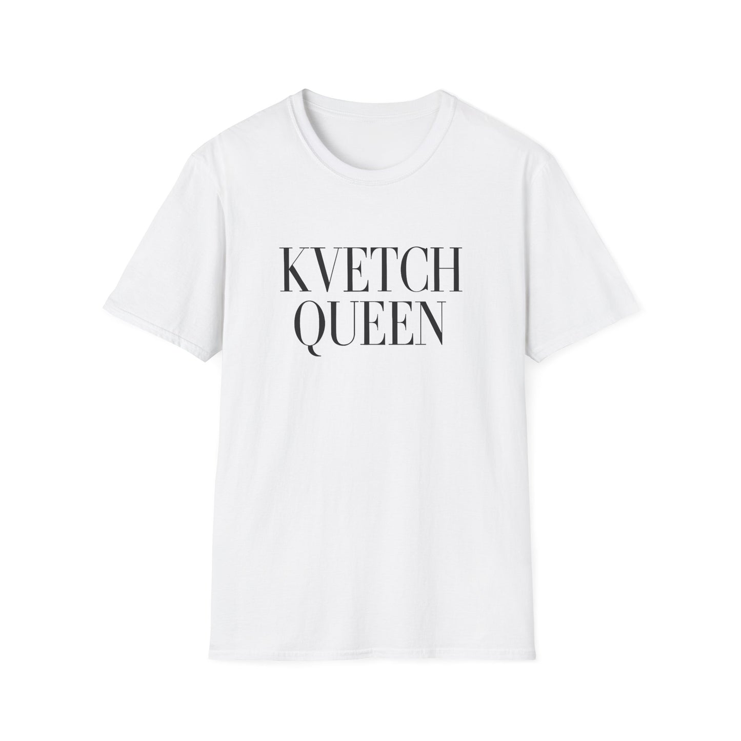 White t-shirt with 'KVETCH QUEEN' text on a white background