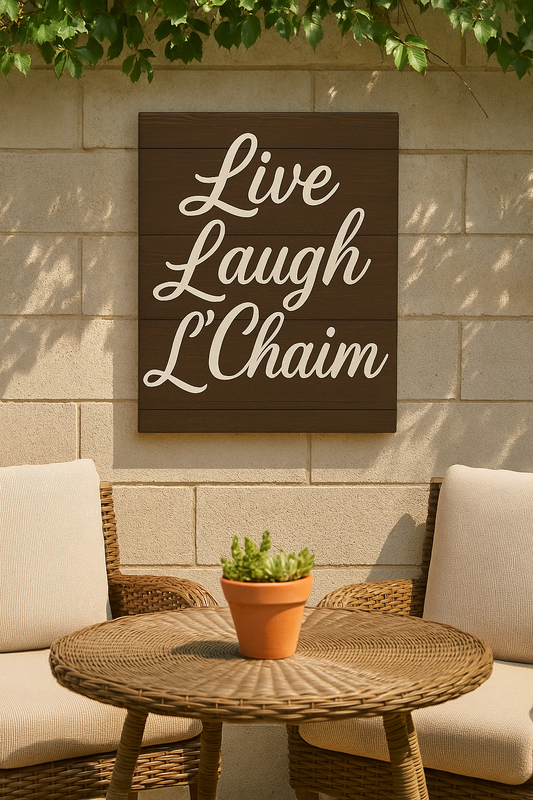 Decorative print with 'Live Laugh L'Chaim' on a stone wall above outdoor furniture.