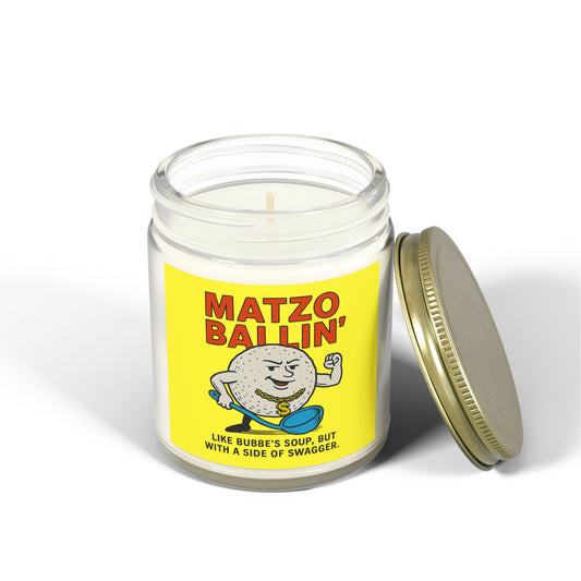 Candle jar with a yellow label featuring text and a cartoon character on a white background