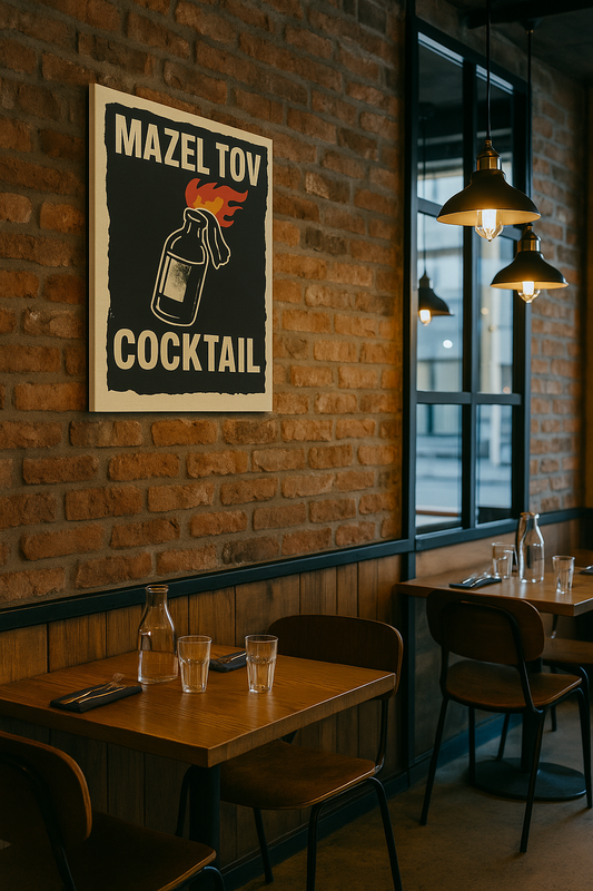 Restaurant interior with a 'Mazel Tov Cocktail' sign on a brick wall.