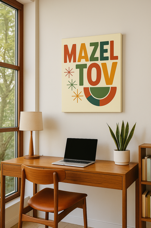 Home office with wooden desk, laptop, lamp, and plant, featuring a 'Mazel Tov' framed picture on the wall.