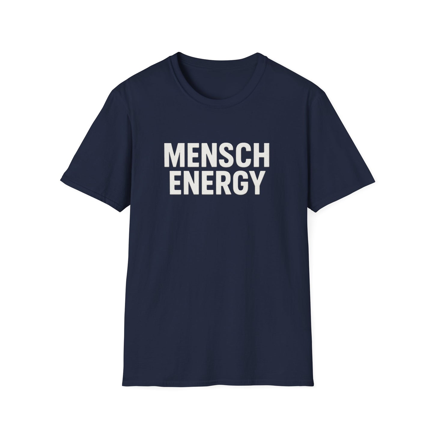 black t-shirt with 'MENSCH ENERGY' text on a white background