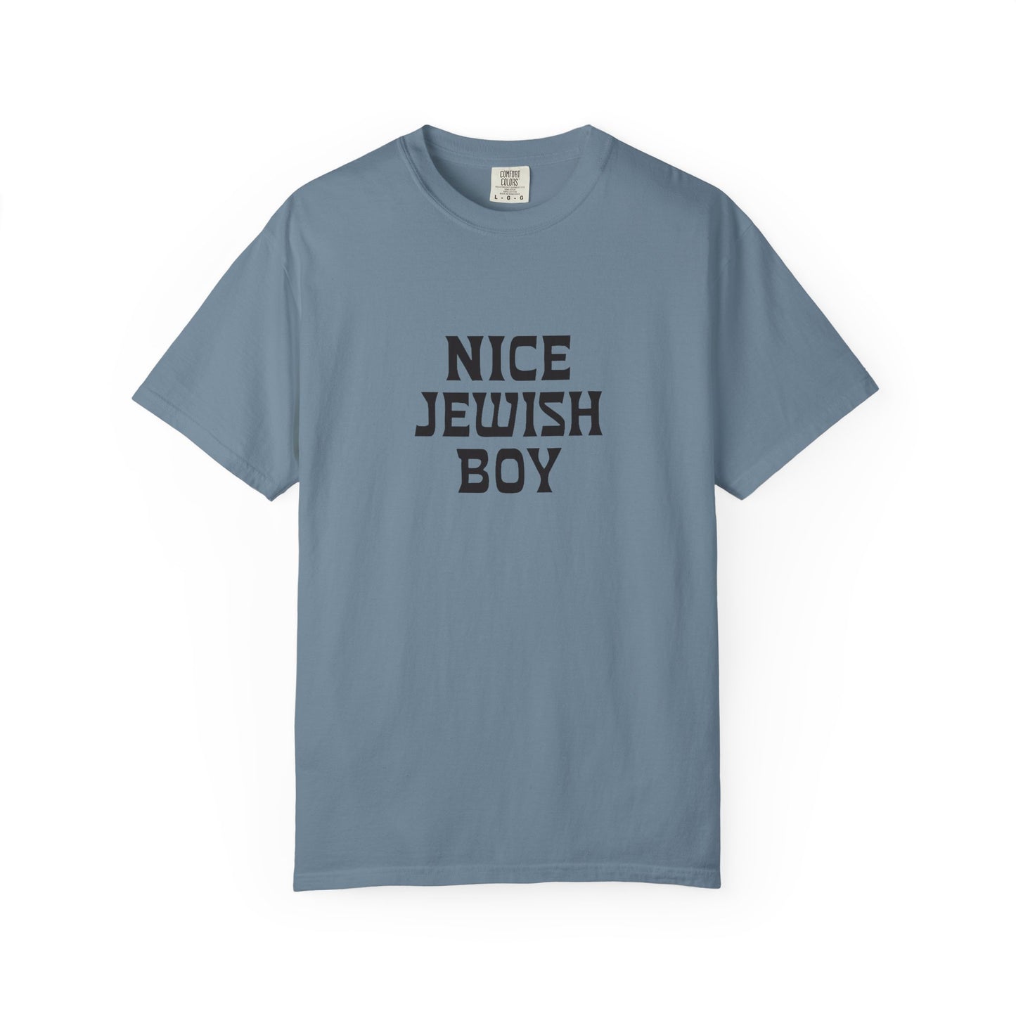 Blue t-shirt with 'Nice Jewish Boy' text on a white background