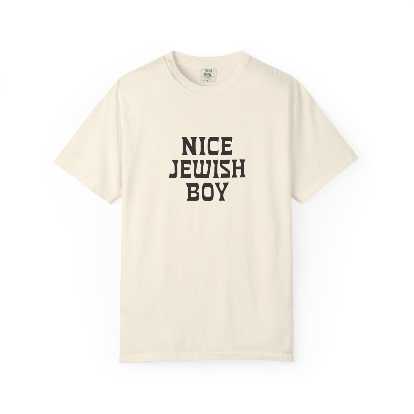 Beige t-shirt with 'Nice Jewish Boy' text on a white background