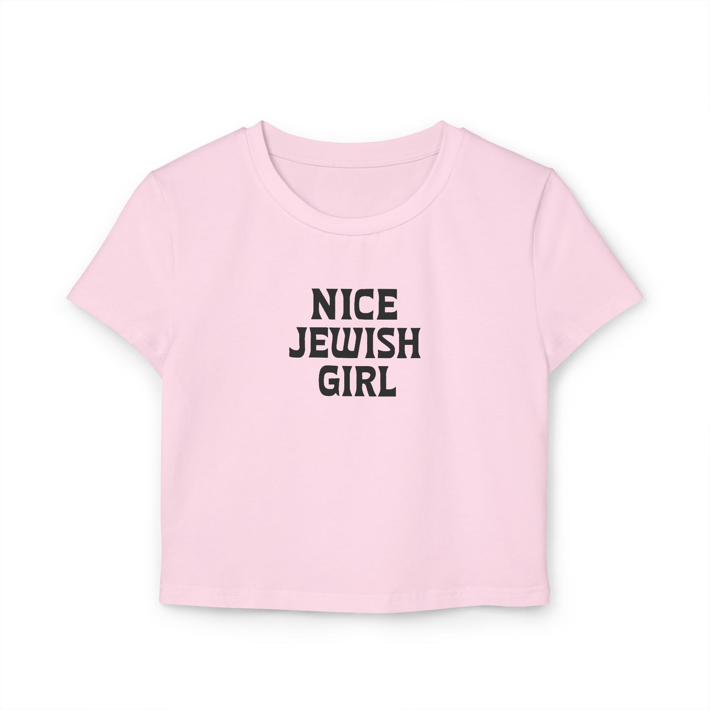 Pink t-shirt with 'Nice Jewish Girl' text on a white background