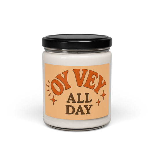 Candle jar with a 'Oy Vey All Day' label on a white background