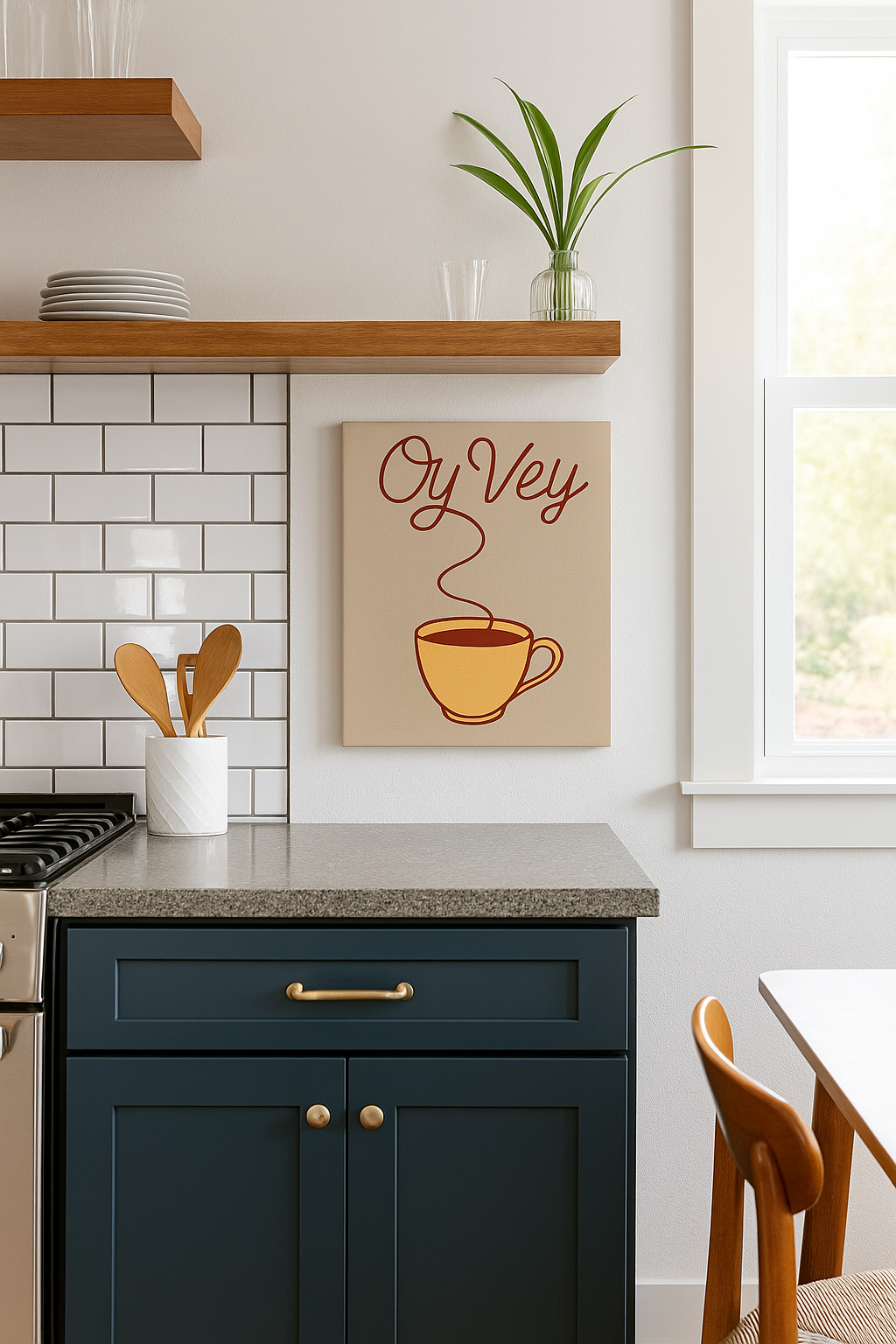 Kitchen interior with a blue cabinet, wooden shelves, and a 'Oy Vey' print.