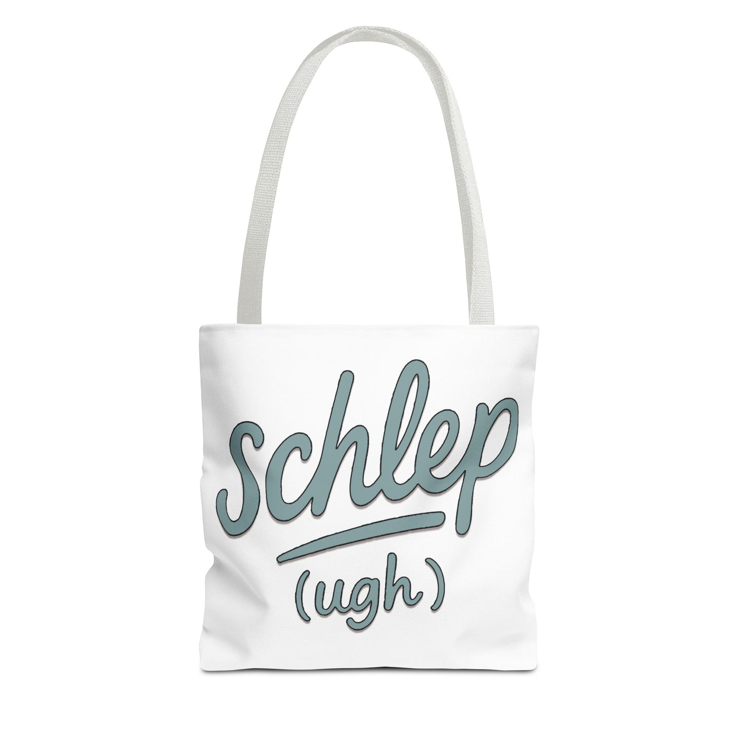 White tote bag with 'schlep (ugh)' text on a white background