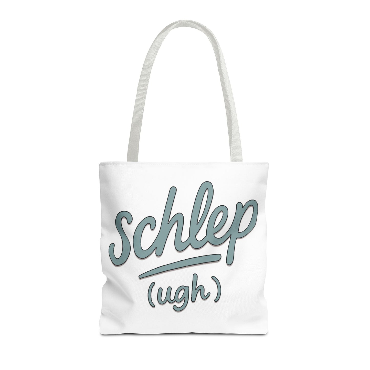 White tote bag with 'schlep (ugh)' text on a white background