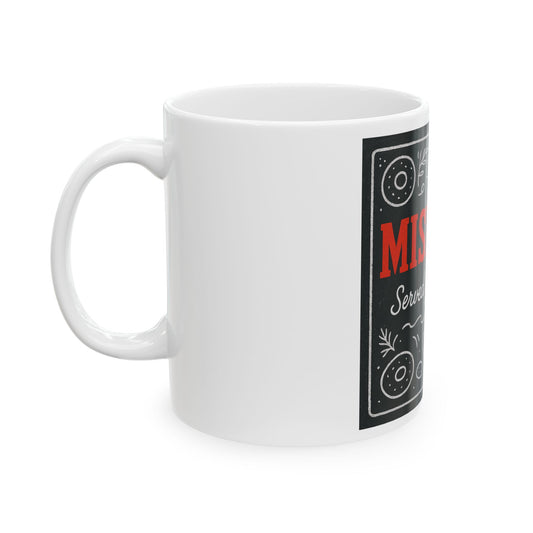 White mug with a black and red design on a white background