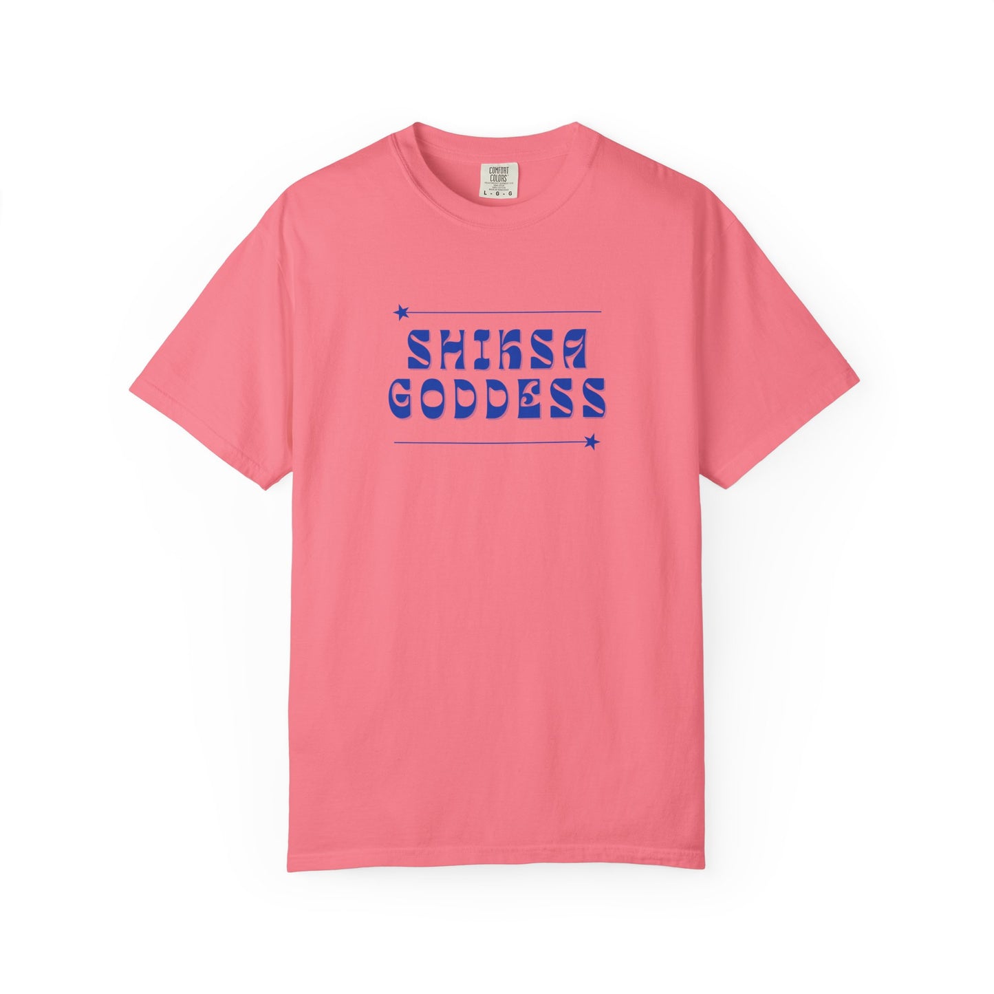 Pink t-shirt with 'SHINKA GODDESS' text on a white background