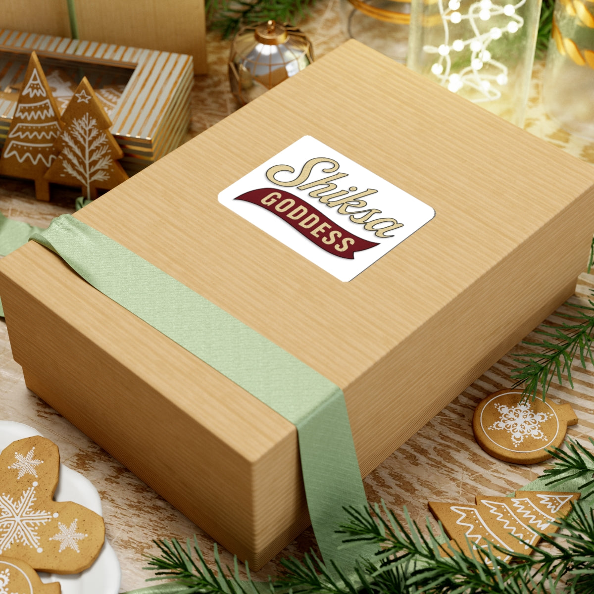 Wooden gift box with a 'Shiksa Goddess' label, surrounded by Christmas decorations.