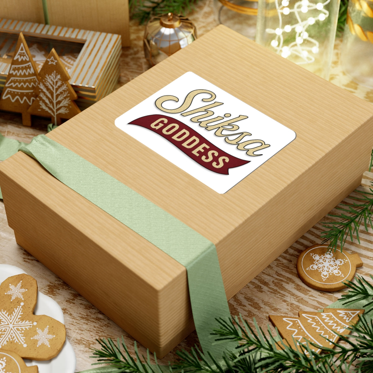 Wooden gift box with 'Shikesa Goddess' label on a festive background with cookies and greenery.