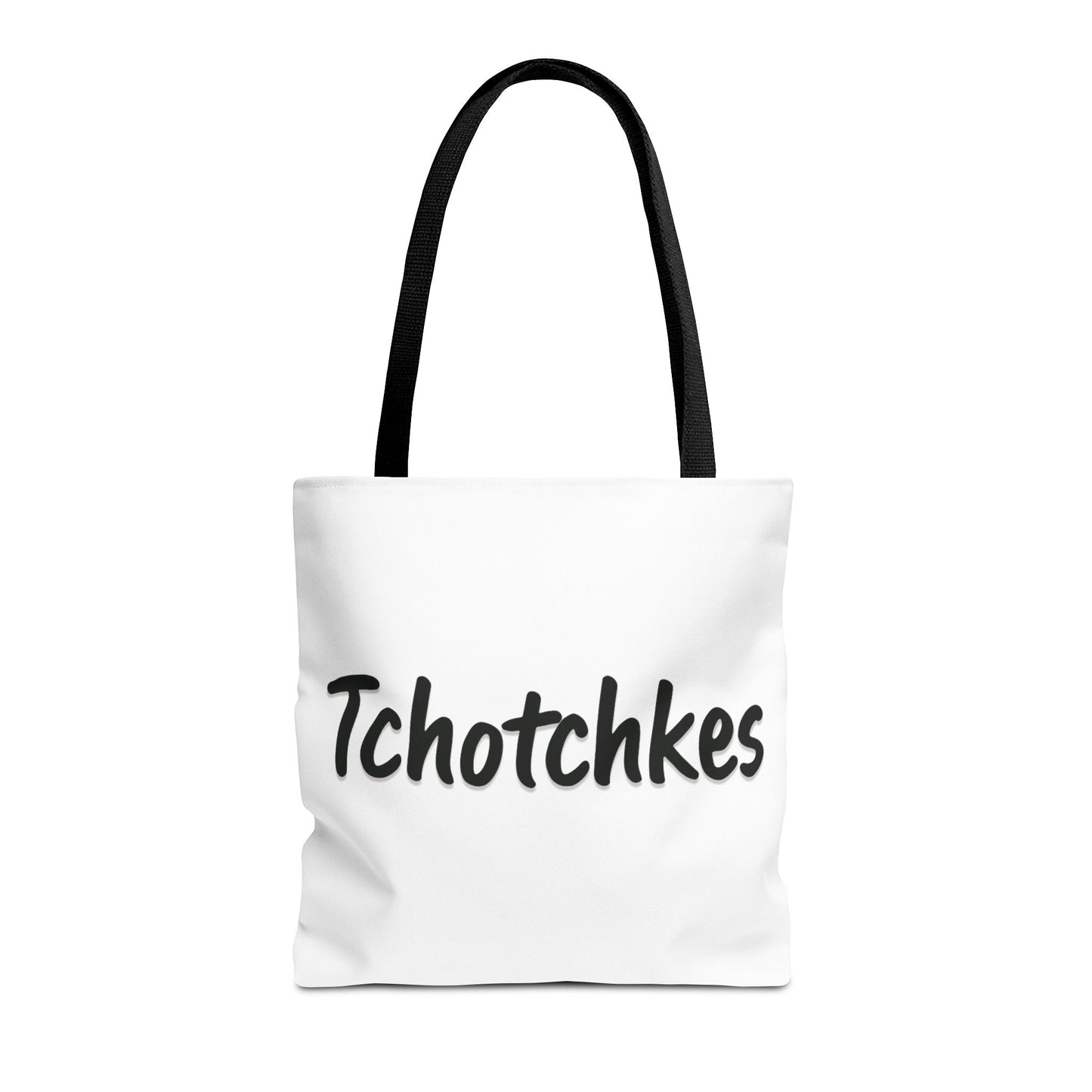 White tote bag with 'Tchotchkes' text on a white background