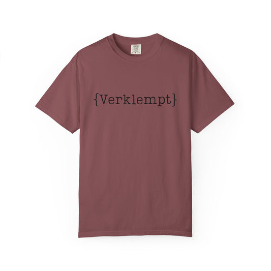Maroon t-shirt with black text 'verklempt' on a white background